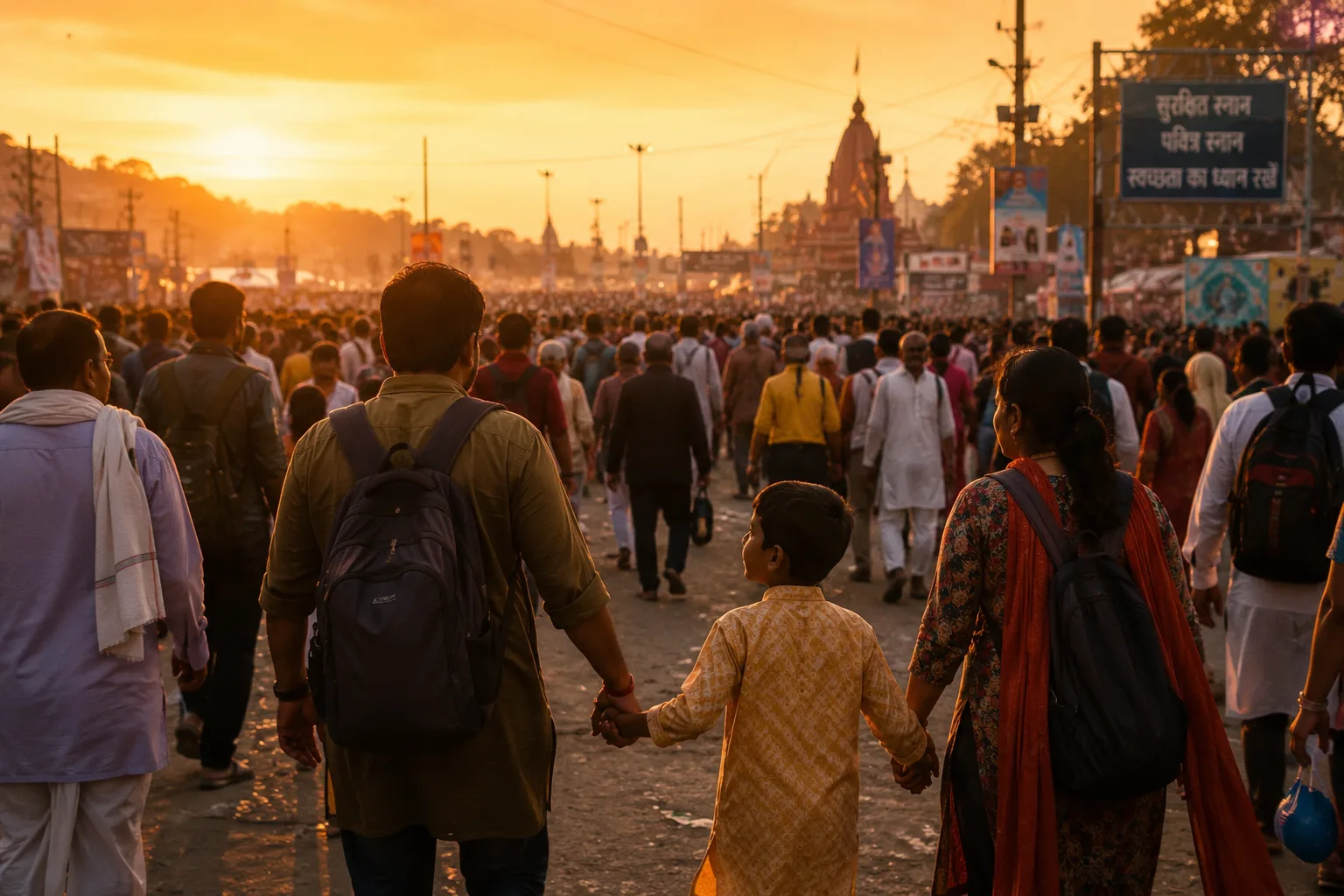 A family walking hand in hand through the crowd at sunrise