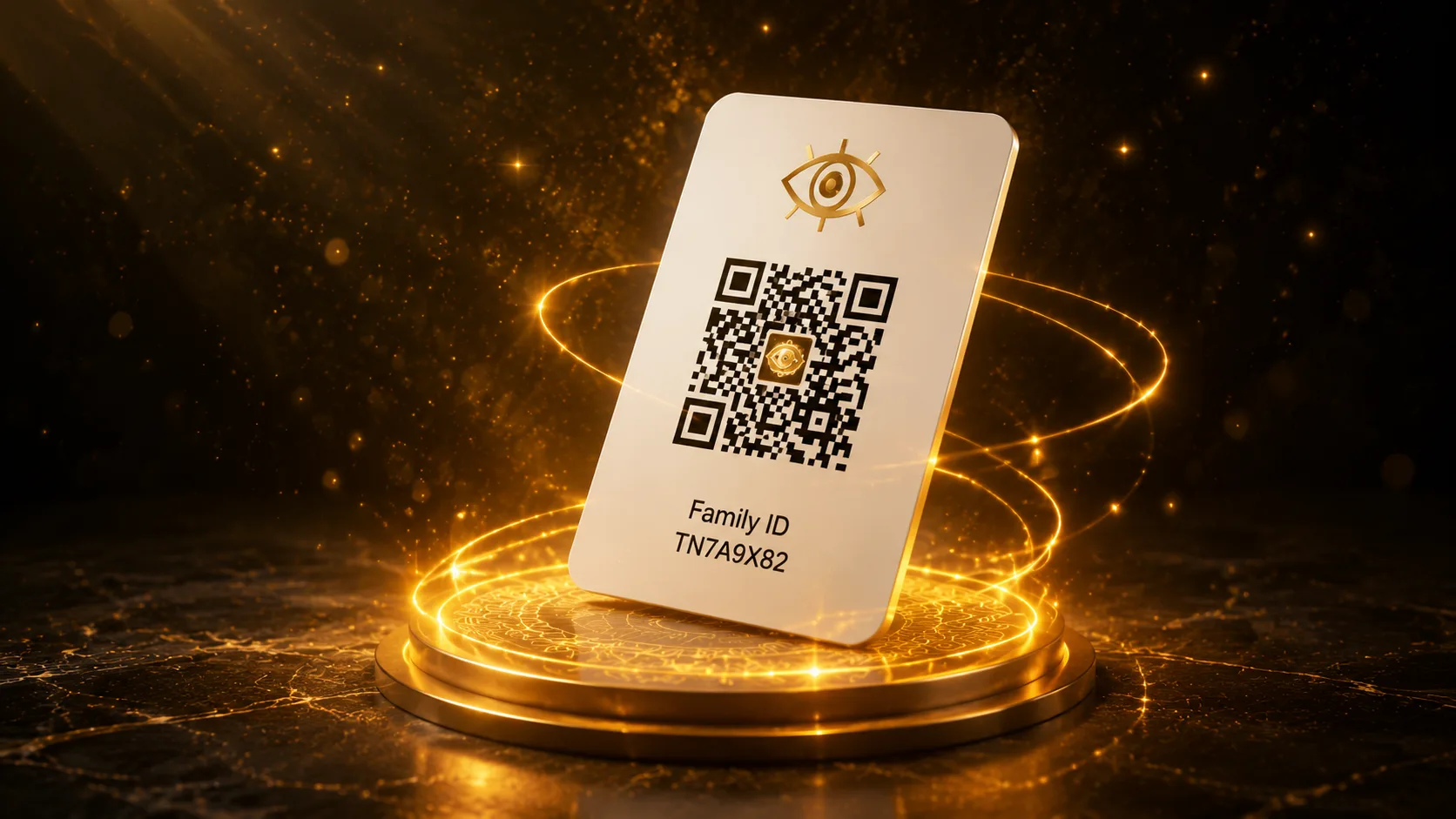A premium floating Trinetra Family ID QR card on a golden pedestal