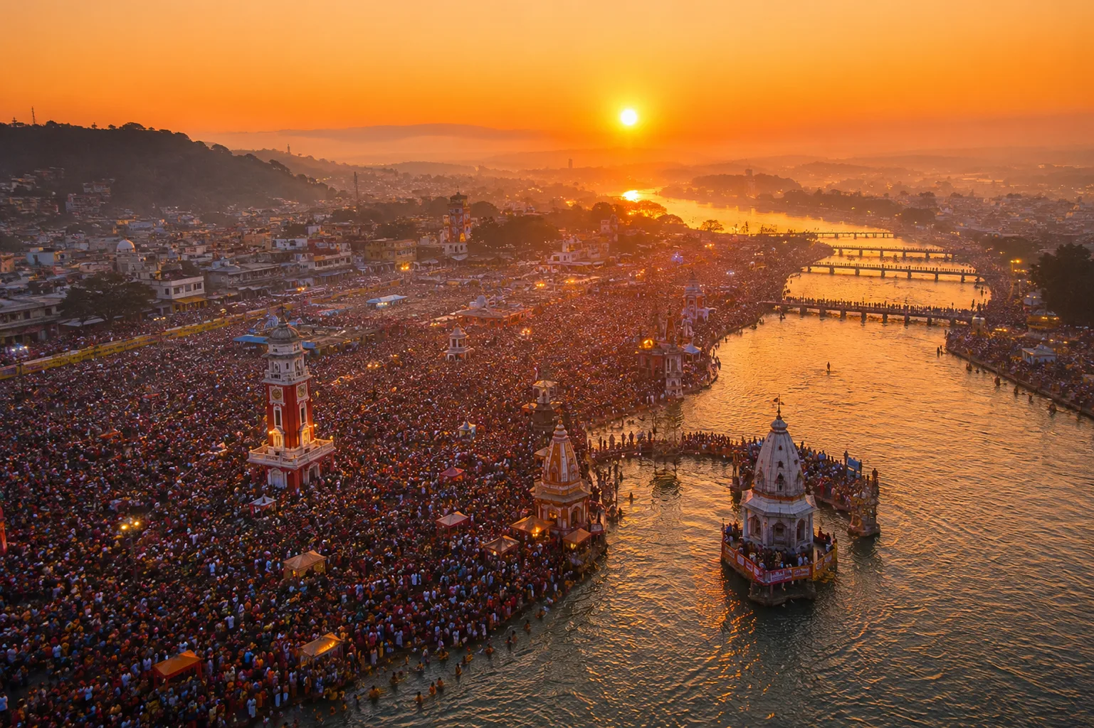 Aerial view of a sacred gathering at sunrise over the river